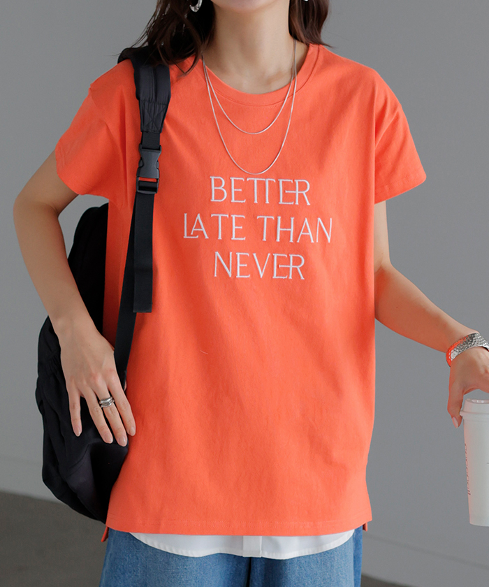 カットソー 刺繍 Tシャツ ロンT 半袖 長袖 ロゴT コンパクト ロゴティー フレンチ レディース トップス 綿100 無地 クルーネック スリット インナー ドルマン | HUG.U | 11