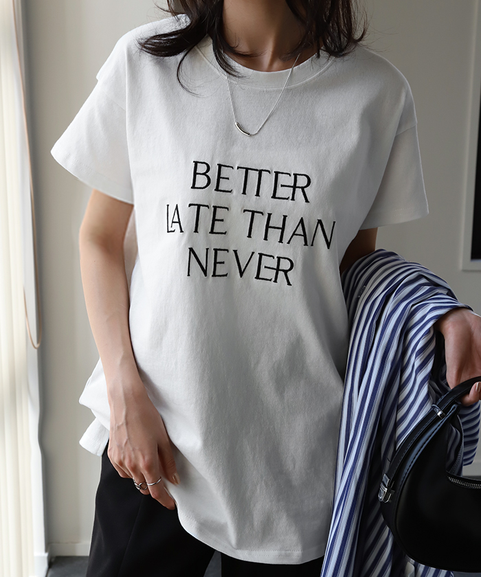 カットソー 刺繍 Tシャツ ロンT 半袖 長袖 ロゴT コンパクト ロゴティー フレンチ レディース トップス 綿100 無地 クルーネック スリット インナー ドルマン | HUG.U | 05