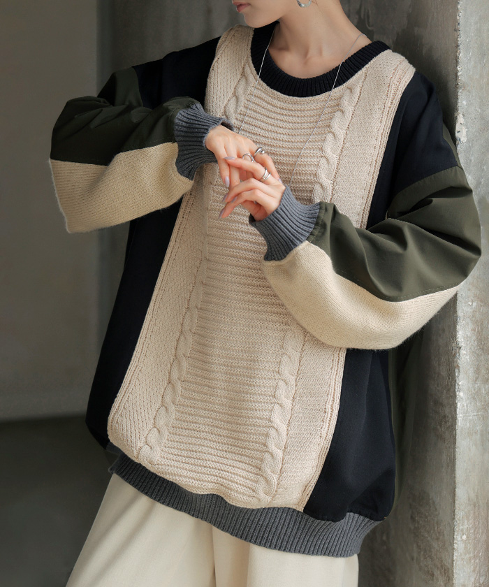 ニット プルオーバー 異素材 ２WAY レディース トップス ロング ナイロン ドッキング チュニック 無地 長袖 長い クルーネック ボリュームスリーブ | HUG.U | 01