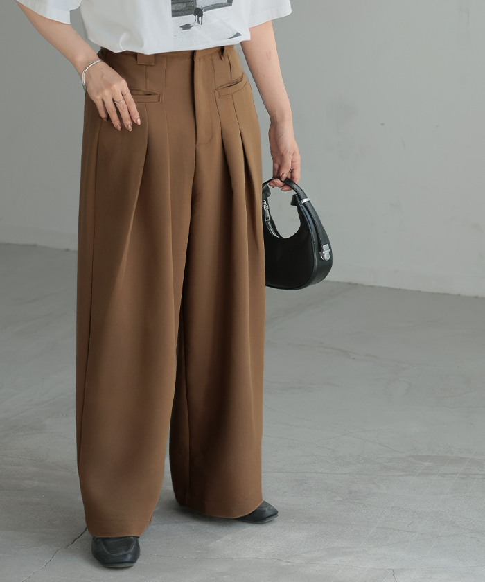 パンツ ワイド ボトムス レディース ボトムス ボトム ズボン ずぼん ワイドパンツ タック タックパンツ ゴム ウエストゴム ポケット ガウチョ バギー | HUG.U | 02