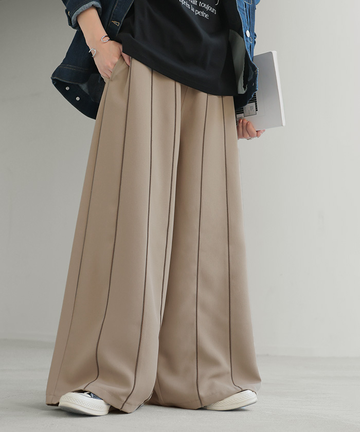 パンツ ワイド ラインパンツ レディース ライン パイピング ワイドパンツ ロング ロングパンツ 体型カバー ボトムス ボトム ストレート ズボン ゆったり | HUG.U | 01