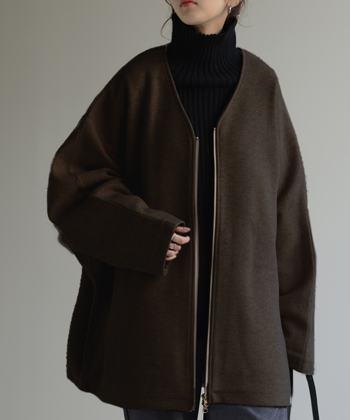 アウター メルトン チュニック コート レディース メルトンコート ドルマン 体型カバー ノーカラー ブルゾン dolmanouter | HUG.U | 03