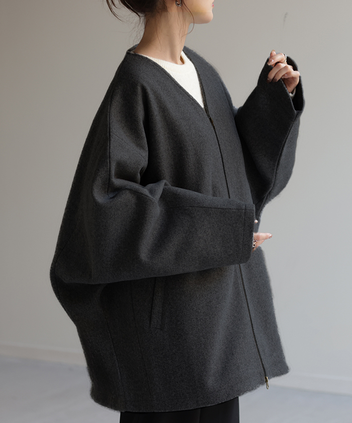 アウター メルトン チュニック コート レディース メルトンコート ドルマン 体型カバー ノーカラー ブルゾン dolmanouter | HUG.U | 04