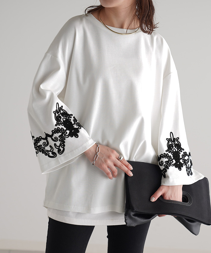 ロンT コード 刺繍 レディース カットソー ティーシャツ 無地 長袖 Tシャツ ロング チュニック ビッグ ドルマン | HUG.U | 03