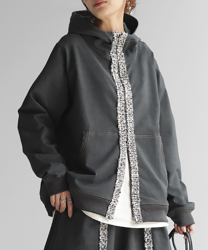 パーカー デニム 風 ライン ツイード 別売り セットアップ 可 レディース トップス アウター デザイン カットソー | HUG.U | 01