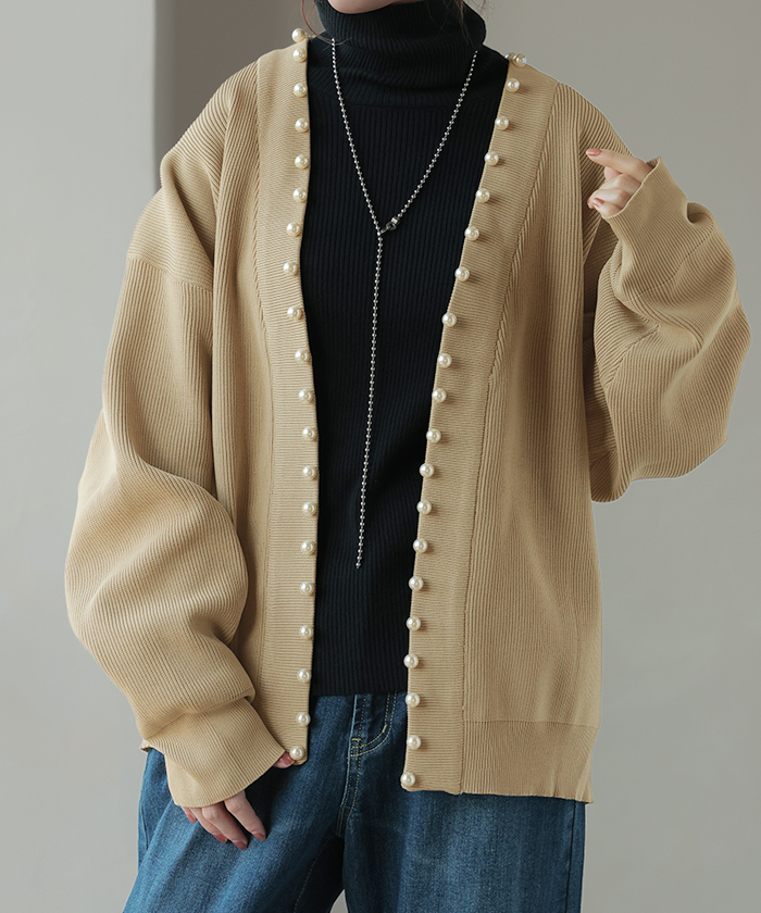 カーディガン カーデ 大粒 パール ニット スポンジニット きれいめ 体型カバー レディース トップス ぽわん袖 | HUG.U | 04