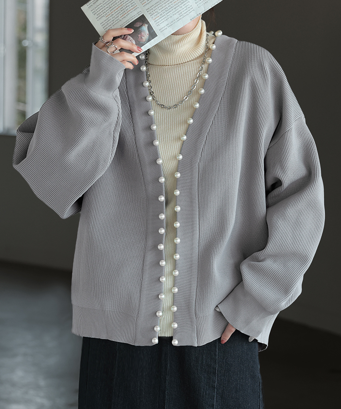 カーディガン カーデ 大粒 パール ニット スポンジニット きれいめ 体型カバー レディース トップス ぽわん袖 | HUG.U | 02