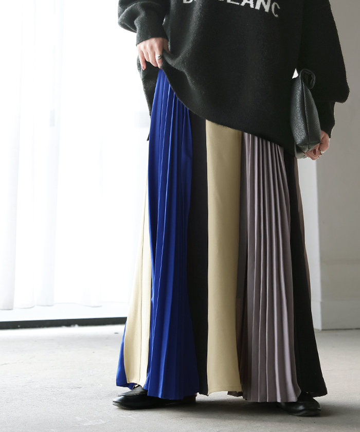 スカート 配色 プリーツ プリーツスカート レディース ボトムス ロングスカート ロング マキシ | HUG.U | 01