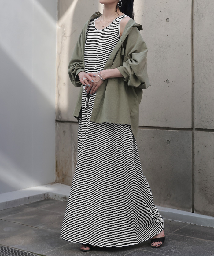 ワンピース マキシ 綿 混 ノースリーブ レディース ワンピ 無地 ボーダー ロング タンクトップ マキシワンピース | HUG.U | 01