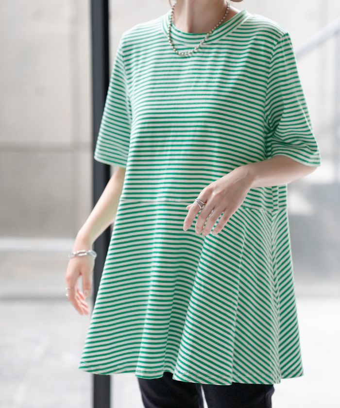 Tシャツ ボーダー 柄 トップス ロング カットソー 二の腕カバーきれいめ レディース ティーシャツ 半袖 | HUG.U | 03