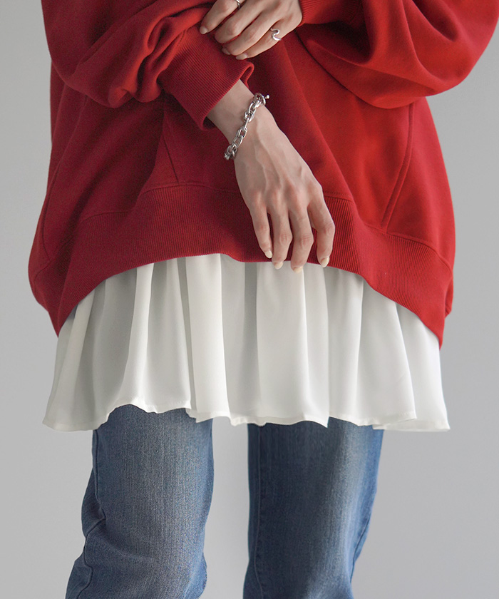 付け裾 レイヤード レディース 重ね着風 フリル シフォン つけ裾 着け裾 重ね着 レイヤードシャツ ブラウス Tシャツ ラウンド インナー フェイクレイヤード | HUG.U | 01