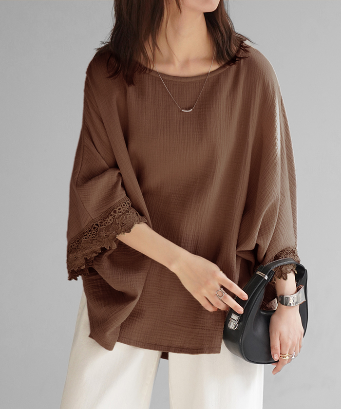Tシャツ レース 袖 体型カバー トップス ナチュラル 二の腕カバー レディース ティーシャツ チュニック 綿100％ | HUG.U | 03