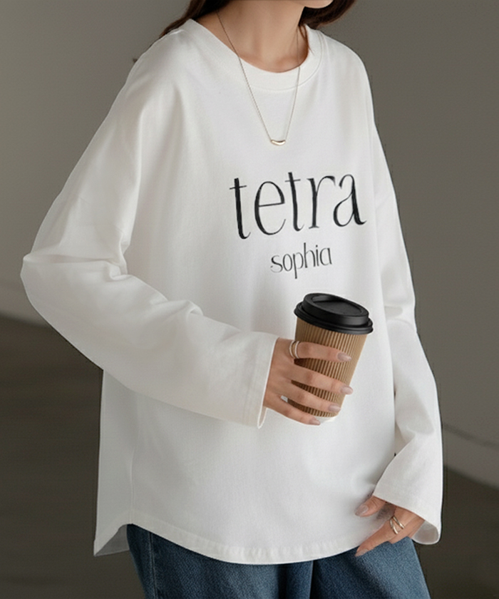 Tシャツ ロゴ 半袖 トップス 変形 二の腕カバー レディース ドルマンスリーブ プリント 無地 Uネック シンプル | HUG.U | 01