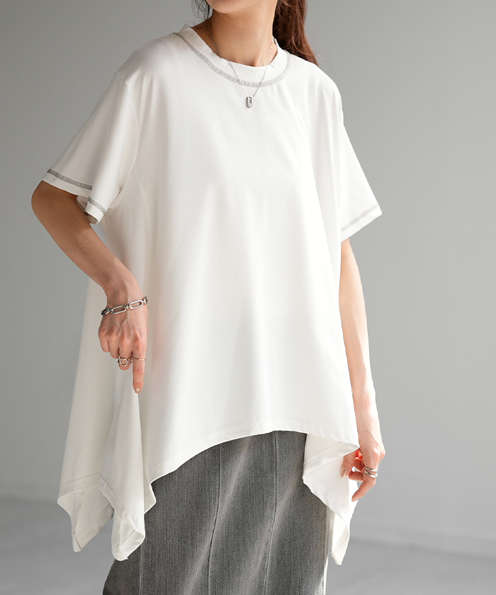 Tシャツ 接触冷感 トップス 涼しい 薄手 チュニック ロング レディース カットソー Uネック ティーシャツ | HUG.U | 04