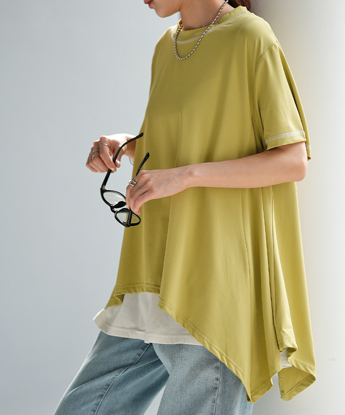 Tシャツ 接触冷感 トップス 涼しい 薄手 チュニック ロング レディース カットソー Uネック ティーシャツ | HUG.U | 01
