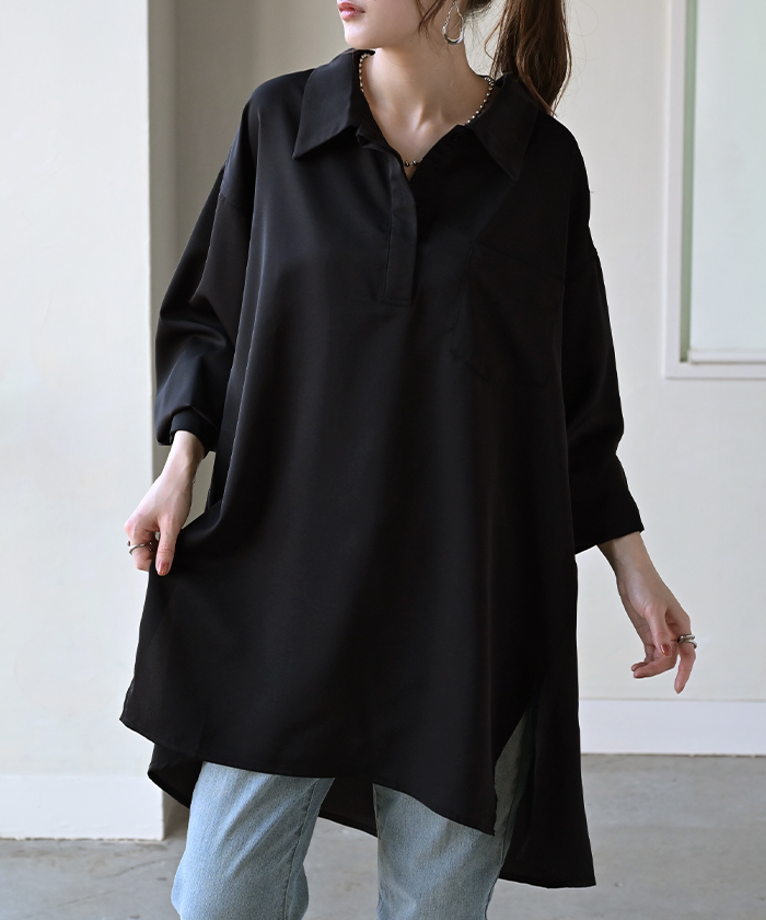 HUG.U（ハグユー） シャツ サテン 風 ロング レディース トップス