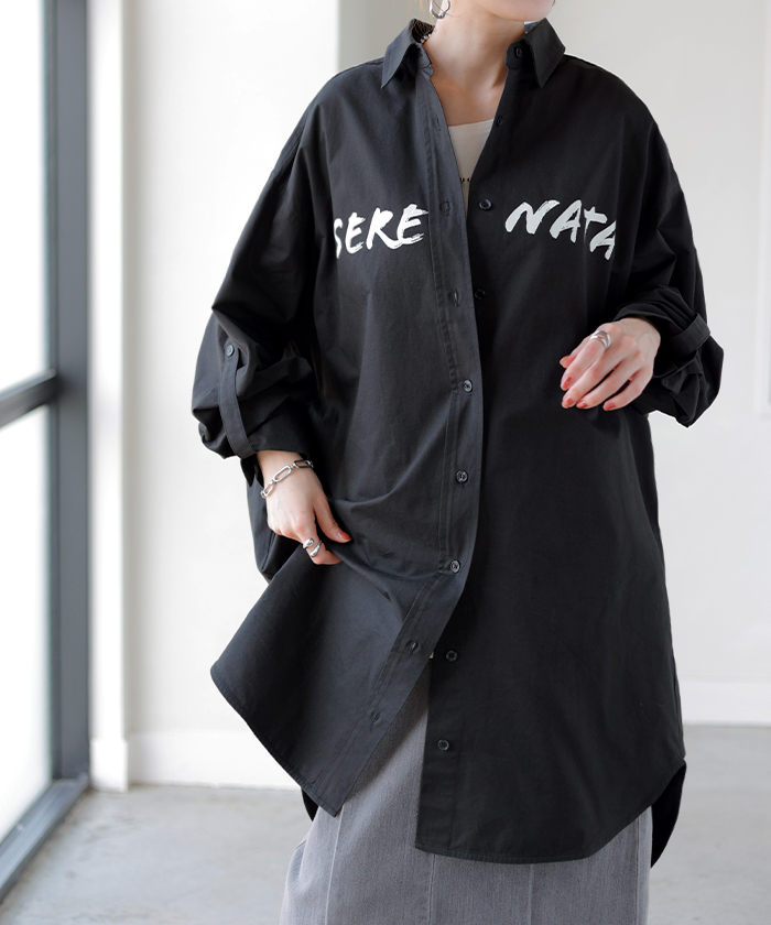 シャツ ロゴ ロング レディース トップス ロングシャツ チュニック ブラウス 綿100 ワンピース...