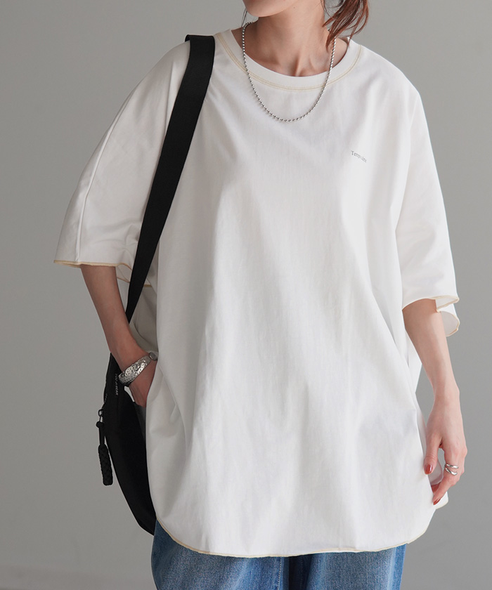 Tシャツ トップス ティーシャツ プリント レディース カットソー 二の腕カバー ドルマン ロゴT Uネック | HUG.U | 01