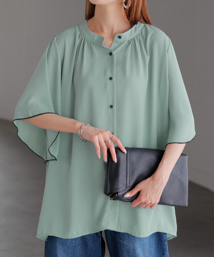 ブラウス レディース フリル シャツ ジャスト丈 二の腕を隠せる バンドカラー トップス きれいめ ギャザー スタンドカラー 通勤 | HUG.U | 02