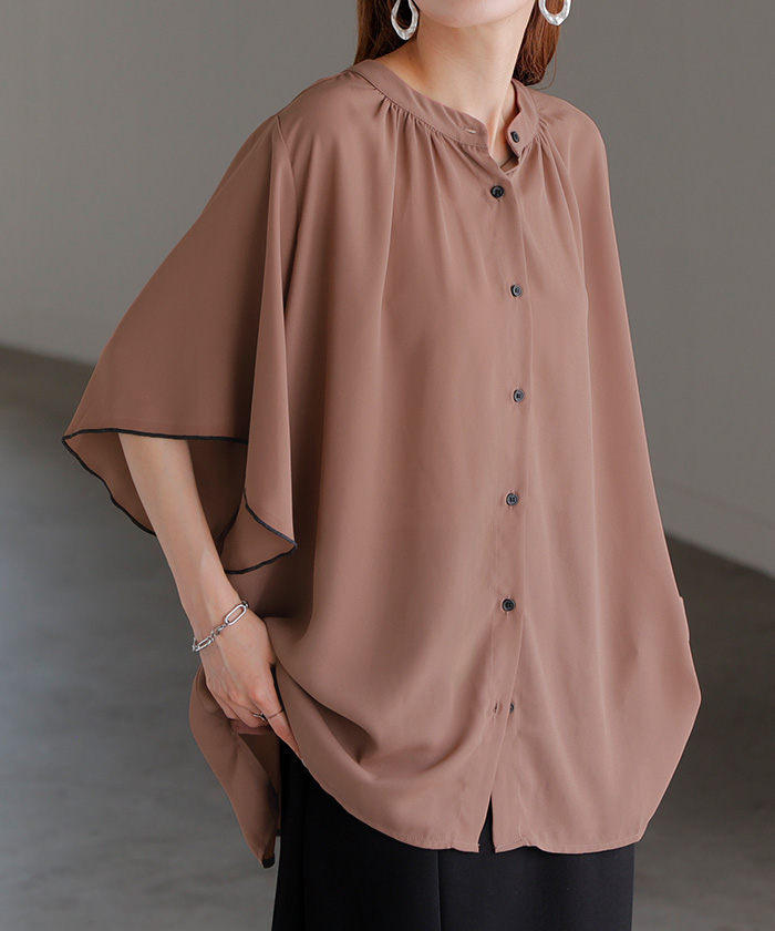 ブラウス レディース フリル シャツ ジャスト丈 二の腕を隠せる バンドカラー トップス きれいめ ギャザー スタンドカラー 通勤 | HUG.U | 03