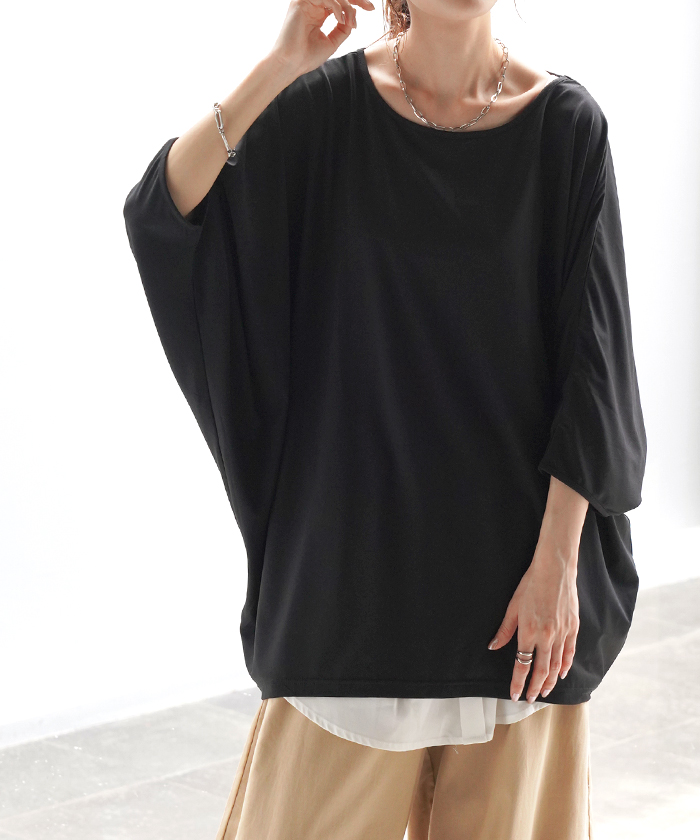 Tシャツ 接触冷感 カットソー レディース 冷感 トップス ロング ティーシャツ オーバーサイズ チュニック ドルマン コクーン 体型カバー | HUG.U | 04