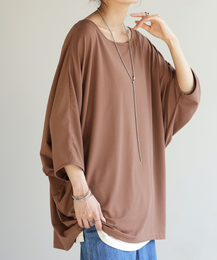 Tシャツ 接触冷感 カットソー レディース 冷感 トップス ロング ティーシャツ オーバーサイズ チュニック ドルマン コクーン 体型カバー | HUG.U | 02