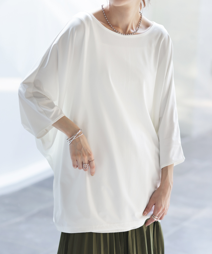 Tシャツ 接触冷感 カットソー レディース 冷感 トップス ロング ティーシャツ オーバーサイズ チュニック ドルマン コクーン 体型カバー | HUG.U | 01