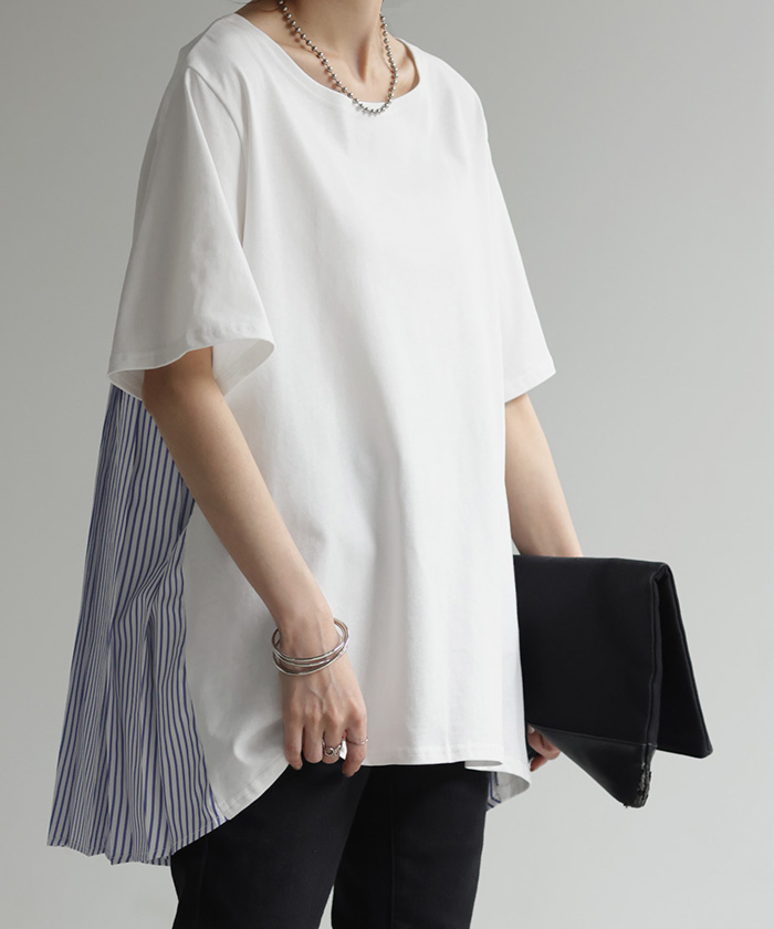 Tシャツ バックプリーツ 半袖 レディース ロング バックフリル フリル プリーツ チュニック カットソー トップス 長い シャツ | HUG.U | 01