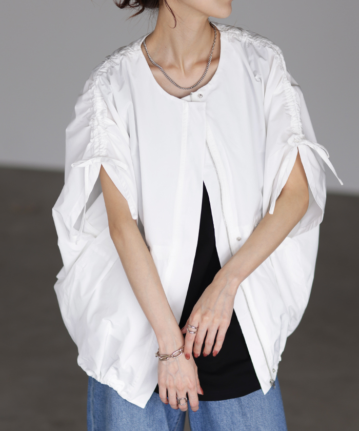 アウター 撥水 レディース トップス ノーカラーライトアウター シャツ ロング リボン ブルゾン ジャンパー オーバーサイズ ゆったり | HUG.U | 01