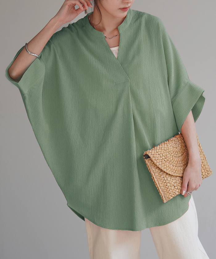 ブラウス 楊柳 キーネック レディース シャツ トップス シアー ロング チュニック 二の腕カバー フレア袖 | HUG.U | 07