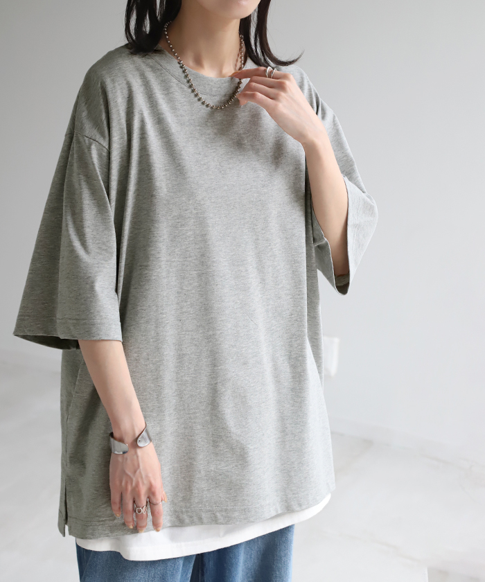Tシャツ 接触冷感 ロング 体感-2℃ レディース お手入れ簡単  冷感 トップス 二の腕カバー カットソー チュニック ゆったり レイヤード | HUG.U | 05