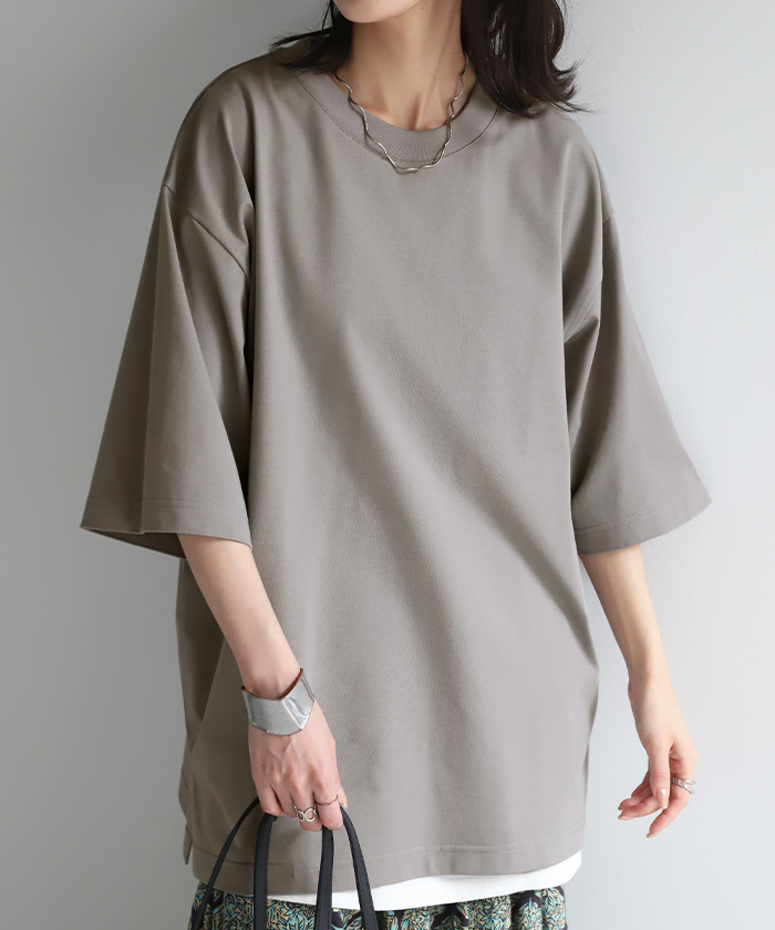 Tシャツ 接触冷感 ロング 体感-2℃ レディース お手入れ簡単  冷感 トップス 二の腕カバー カットソー チュニック ゆったり レイヤード | HUG.U | 06