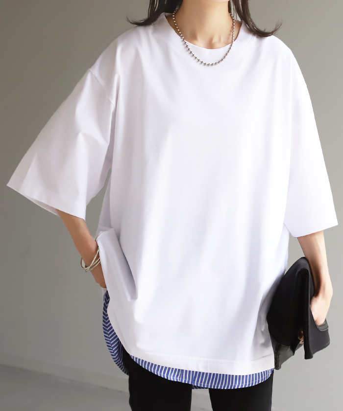 Tシャツ 接触冷感 ロング 体感-2℃ レディース お手入れ簡単  冷感 トップス 二の腕カバー カットソー チュニック ゆったり レイヤード | HUG.U | 09