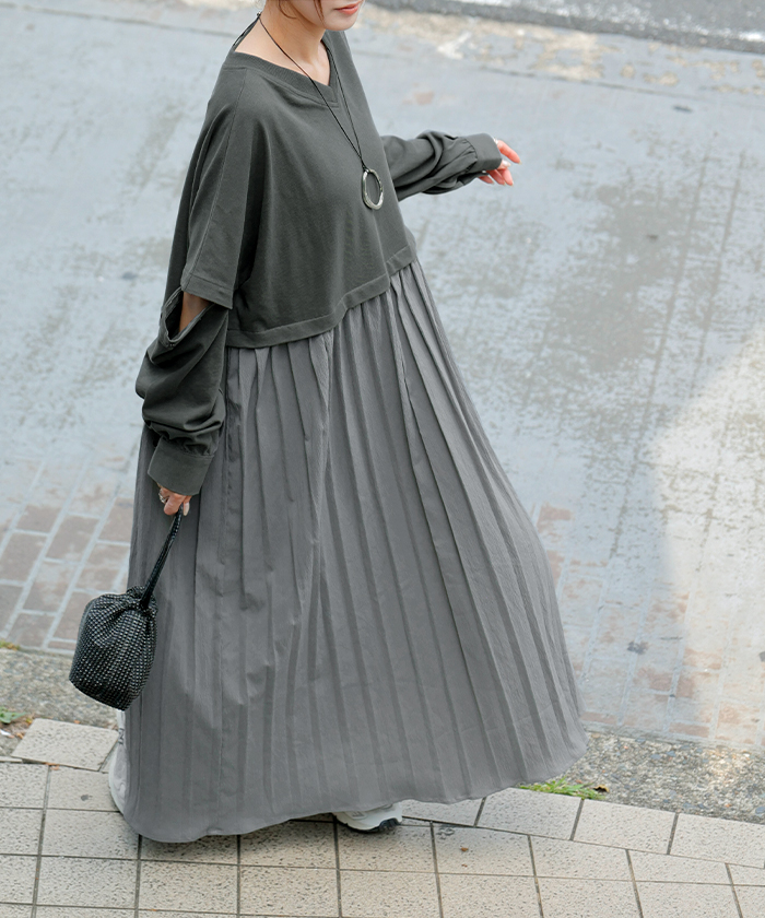 ワンピース ロング 長袖 半袖 2way ワンピ レディース 袖 取り外し 可能 ロングワンピース Aライン マキシ マキシワンピース ワンピ ロングワンピ ドッキング | HUG.U | 02