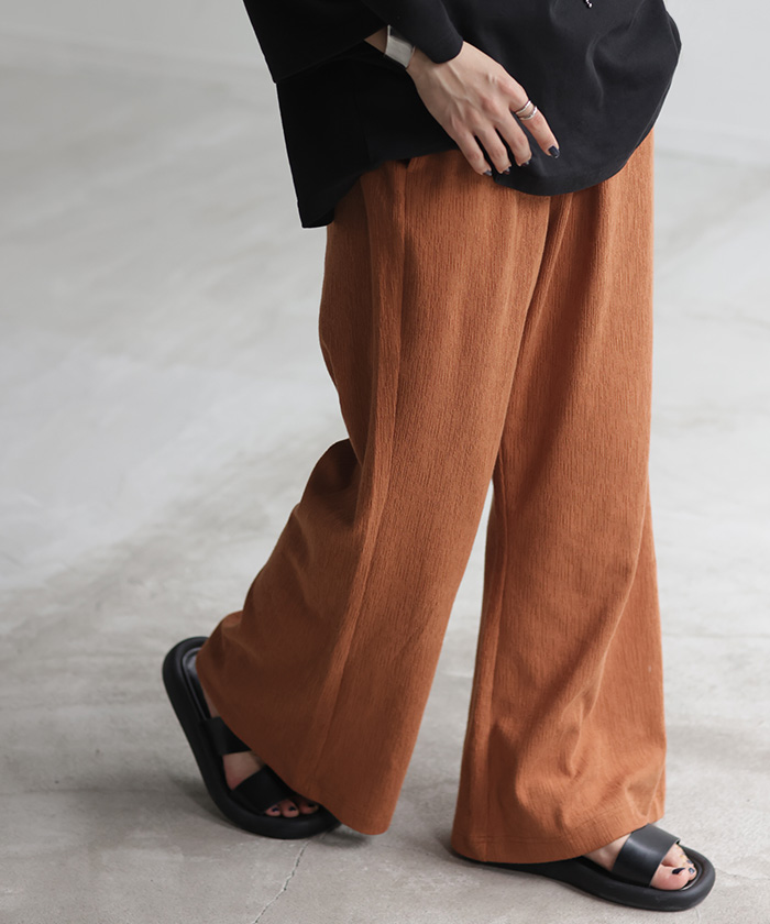 パンツ 超伸び カラーパンツ レディース リブパンツ セミフレア フレア ワイドパンツ ロング ジャージー 大きいサイズ ボトム | HUG.U | 02