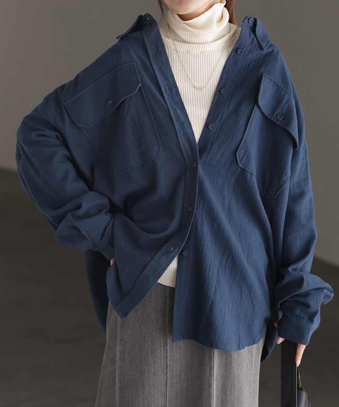 シャツ 微 起毛 綿100％ ロング レディース トップス ブラウス 羽織 レイヤード 裏起毛 重ね着 ドロップショルダー お尻が隠れる 無地 長袖 襟 | HUG.U | 03