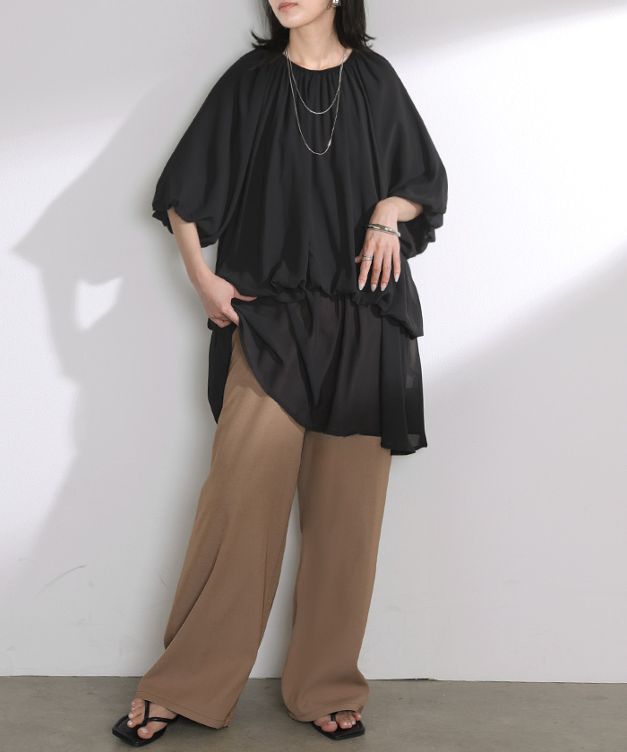シャツ レディース ギャザー トップス バンドカラー ブラウス ノーカラー ロング ロングシャツ チュニック 半袖 無地 プルオーバー ボリュームスリーブ きれいめ | HUG.U | 04