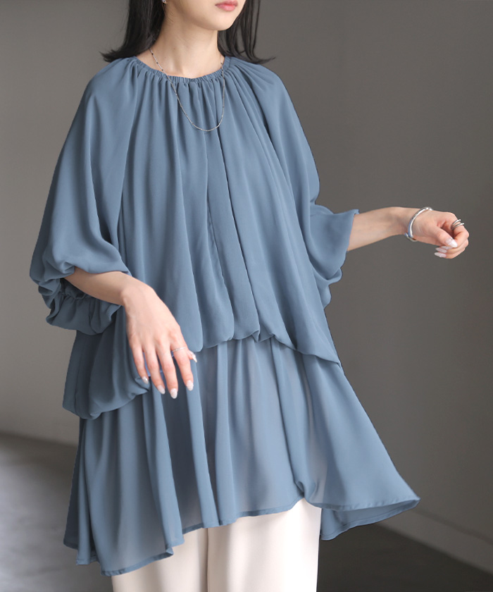 シャツ レディース ギャザー トップス バンドカラー ブラウス ノーカラー ロング ロングシャツ チュニック 半袖 無地 プルオーバー ボリュームスリーブ きれいめ | HUG.U | 02
