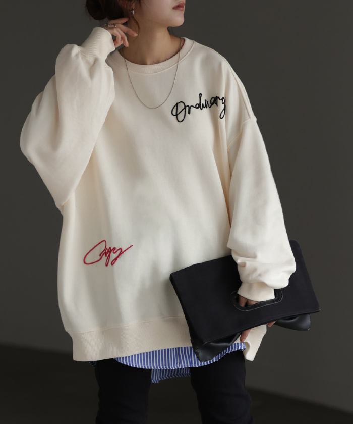 ロゴ 刺繍 スウェット レディース カジュアル レーナー トップス 体型カバー チュニック 大きいサイズ 無地 | HUG.U | 01