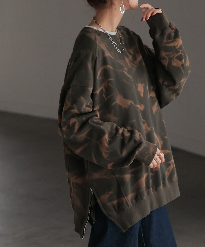 スウェット 別売り セットアップ可 レディース 柄 チュニック トップス ロング トレーナー オーバー プルオーバー | HUG.U | 01