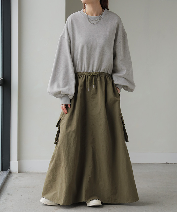 ワンピース 異素材 ドッキング スウェット ワンピ レディース ロング ロングワンピース カーゴスカート | HUG.U | 01