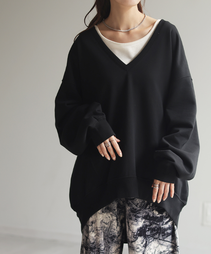 トップス 深V スウェット 体型カバー レディース トレーナー レイヤード チュニック 大きいサイズ Vネック ドロップショルダー スエット | HUG.U | 11