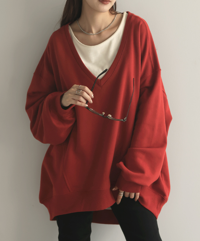 トップス 深V スウェット 体型カバー レディース トレーナー レイヤード チュニック 大きいサイズ Vネック ドロップショルダー スエット | HUG.U | 03