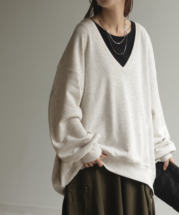 トップス 深V スウェット 体型カバー レディース トレーナー レイヤード チュニック 大きいサイズ Vネック ドロップショルダー スエット | HUG.U | 04