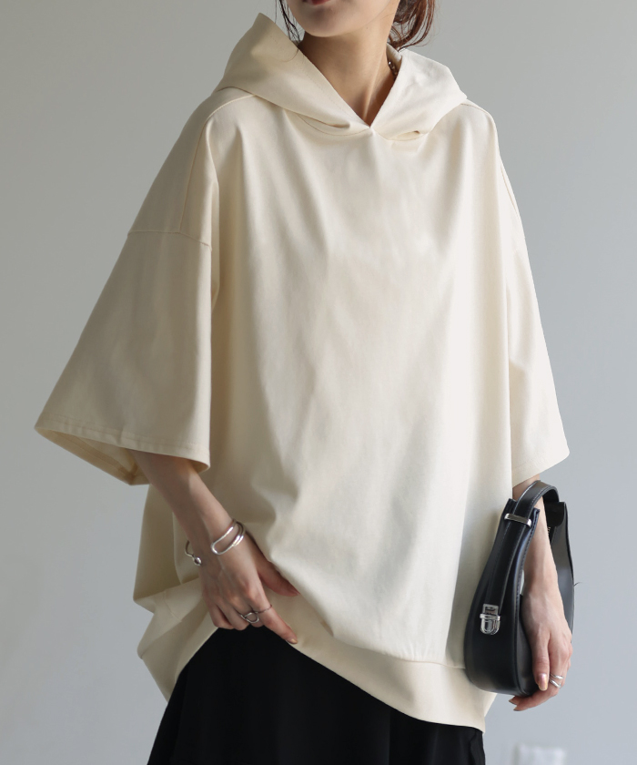Tシャツ フード 体型カバー パーカー トップス 二の腕カバー レディース ドルマンスリーブ ティーシャツ | HUG.U | 01