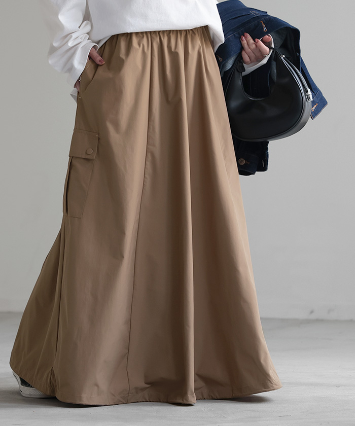 スカート 撥水 ロング レディース ボトムス カーゴ 長い ロングスカート ウエストゴム ミリタリー | HUG.U | 01