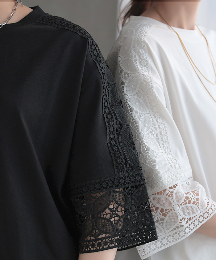 Tシャツ レース 接触冷感 トップス 半袖 レディース カットソー ロング ティーシャツ 花柄 | HUG.U | 02