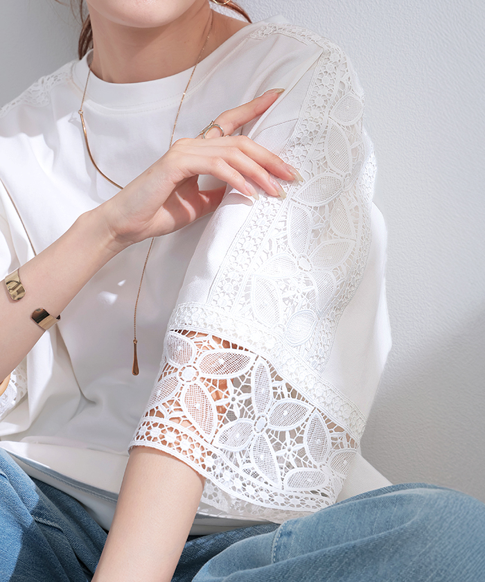 Tシャツ レース 接触冷感 トップス 半袖 レディース カットソー ロング ティーシャツ 花柄 | HUG.U | 01