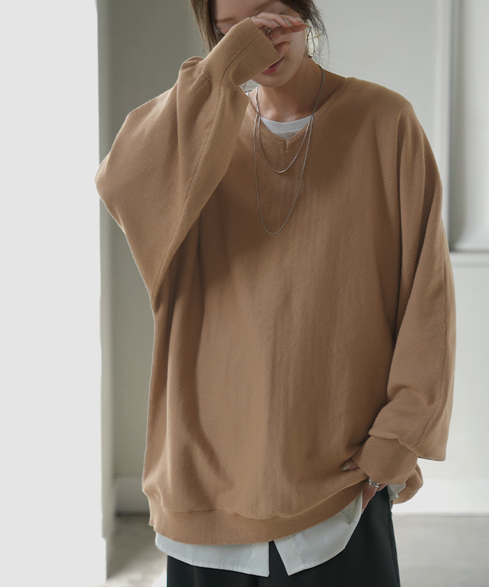 ニット レディース トップス ドルマン ドルマンスリーブ コクーン 体型カバー Vネック ハイネック クルーネック | HUG.U | 10