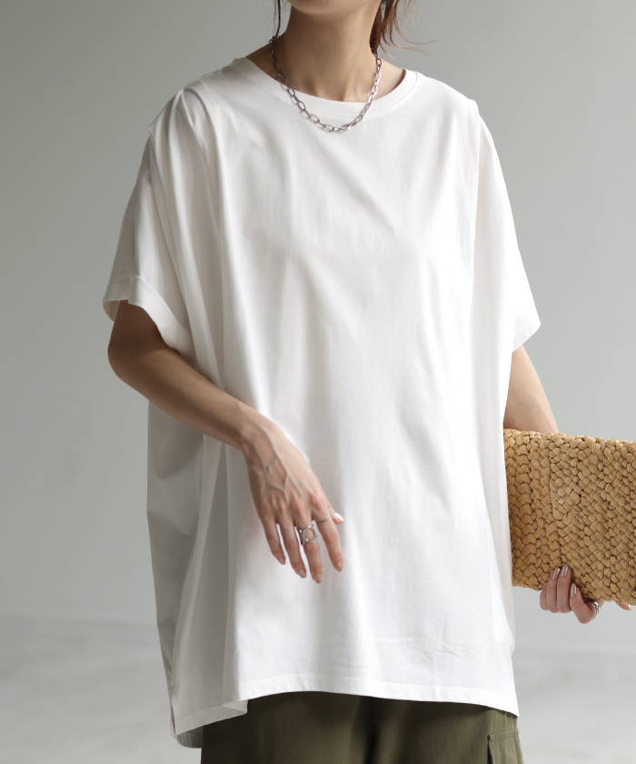 Tシャツ 接触冷感 ロング レディース トップス ティーシャツ 涼しい 薄手 カットソー ドルマン ビッグ | HUG.U | 01